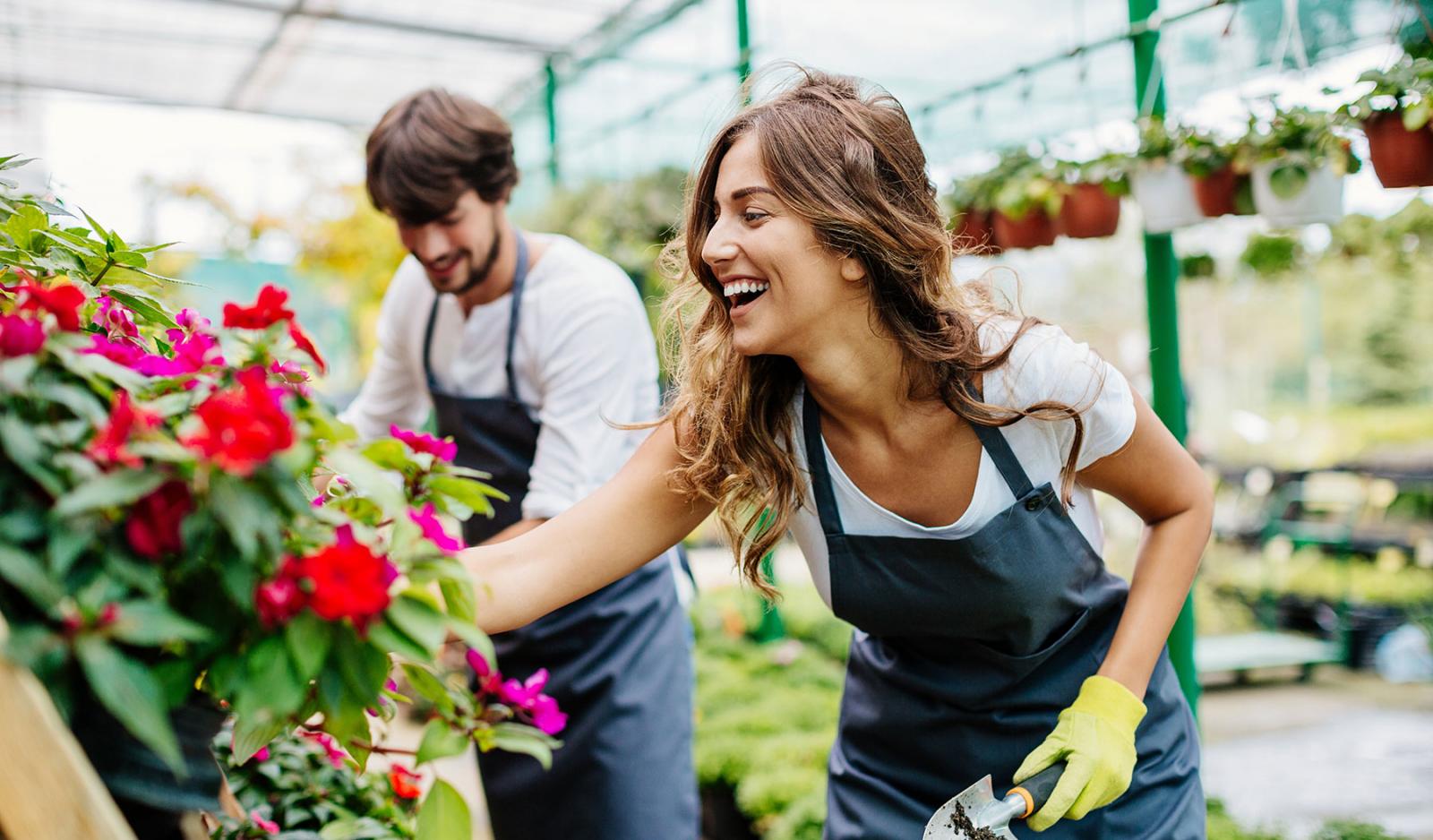 Two people working in the garden center